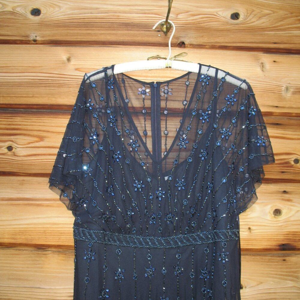 Mac Duggal 9223 Navy V Neck Embellished Flutter Sleeve A Line Gown - Picture 7 of 13